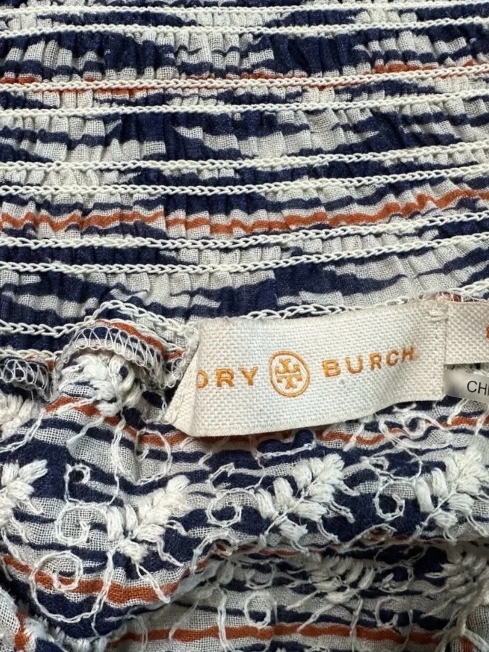 Tory Burch Embroidered Boho Peasant Blouse Tassel Tie Cotton Women M
